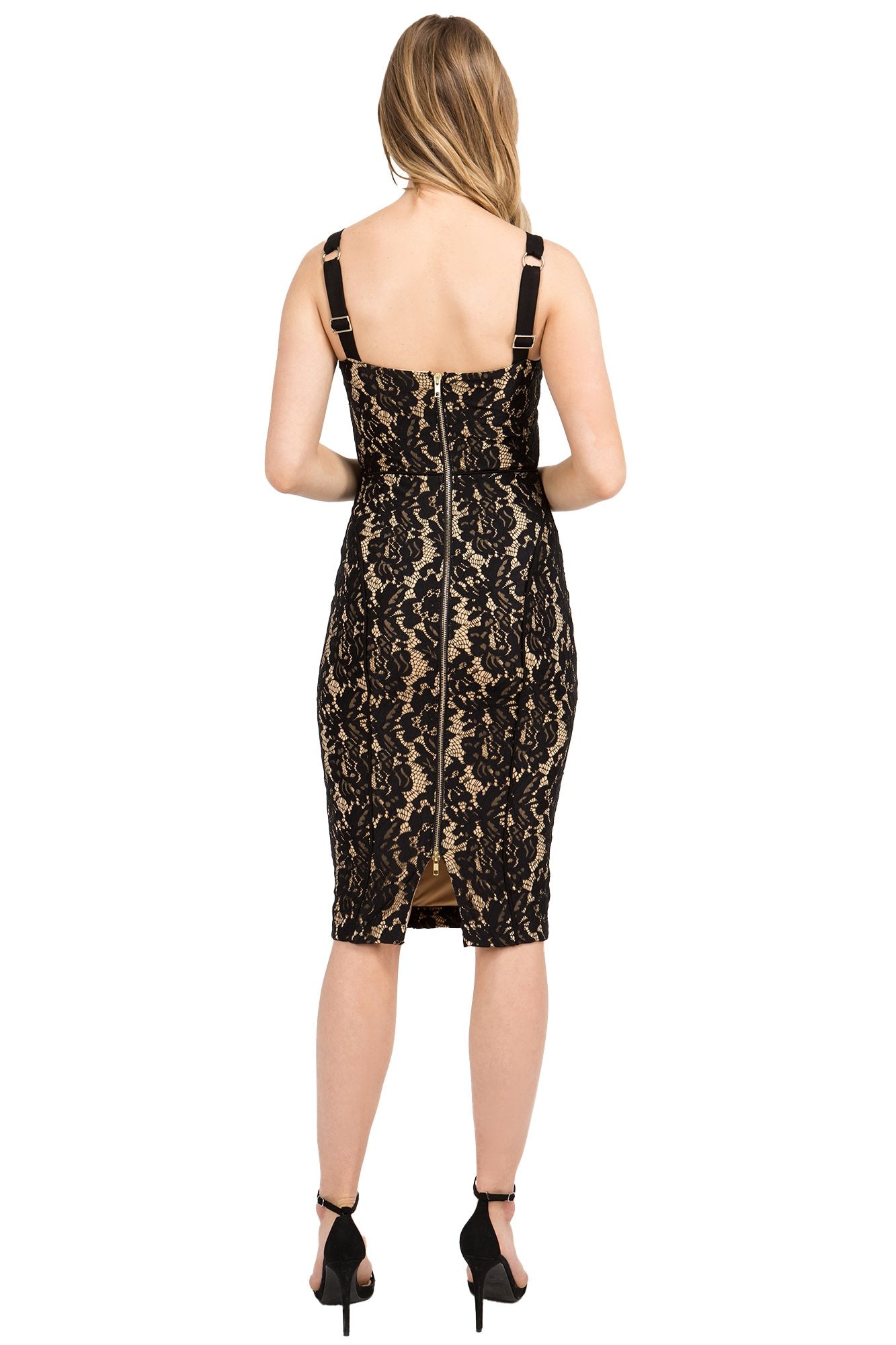 Bianca Lace Bodycon Midi Dress - Back Gold Zipper Detail