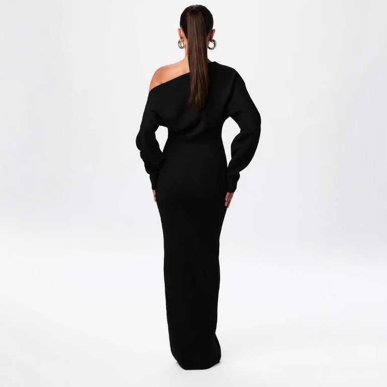 Ins Slim Long Sleeve Knitted Dress Evening Party Sexy Off-shoulder Bodycon Long Dresses